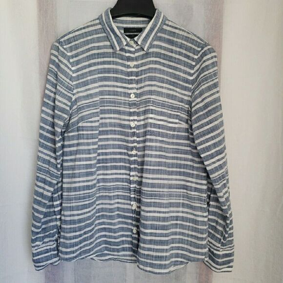 J Crew Womens Shirt Size 10 Button Up Blouse Top Striped Long Sleeve Blue Cotton - Picture 1 of 11